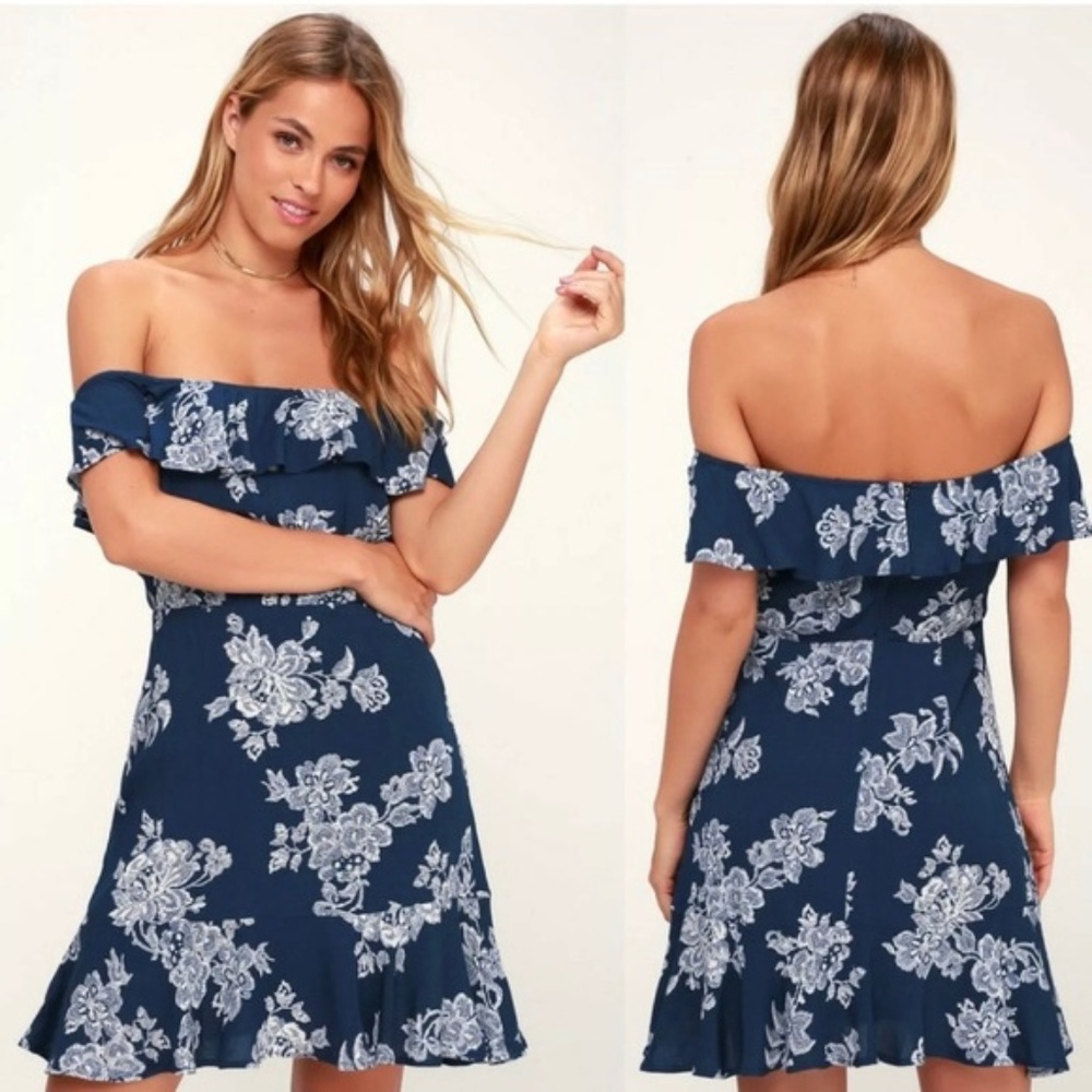SWEET RETREAT BLUE FLORAL OFF-THE-SHOULDER DRESS